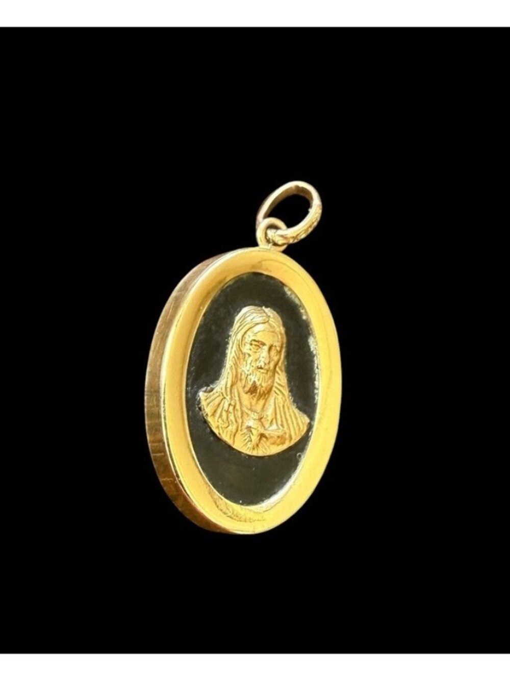 Seyer 10k Gold Plated Black Onyx Jesus Oval Pendant Dangle 1” Signed